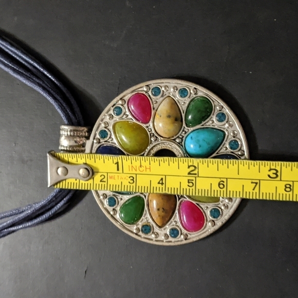Silver Tone Multi Color Beaded Rhinestone Mandala Pendant Statement Necklace - Picture 4 of 4